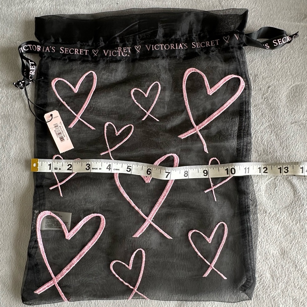 Victoria's Secret Black Mesh Lingerie Bag Adorned with Pink Stitched Hearts